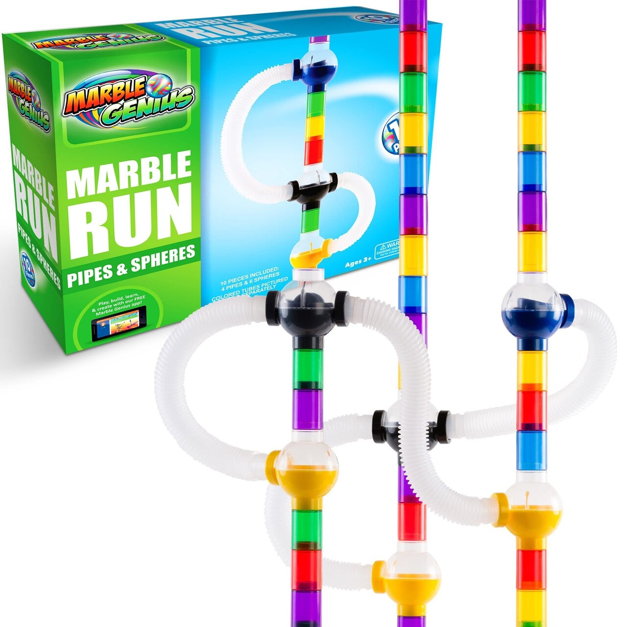 Marble Genius Marble Run Pipe & Sphere Accessory Add-on Set - 10 Pcs Total (4 Pipes, a Ramp, 5 Spheres), Alternating, Straight, & Tubes for Creating Exciting Mazes, Tracks, Runs, and Races, Ages 3-14